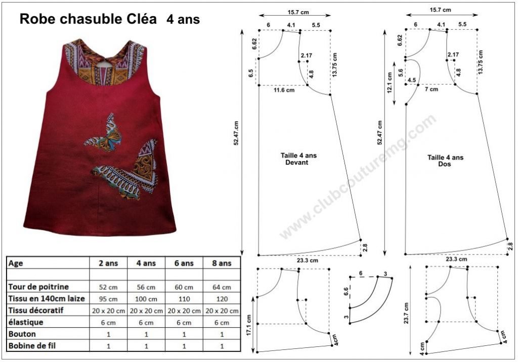 patron robe chasuble enfant en 4 tailles de 2 ans à 8 ans